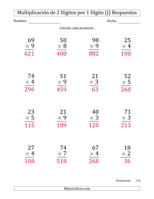 La hoja de ejercicios de Multiplicar Números de 2 Dígitos por 1 Dígito (Formato Grande) Usando Comas como Separadores de Millares (J) Página 2