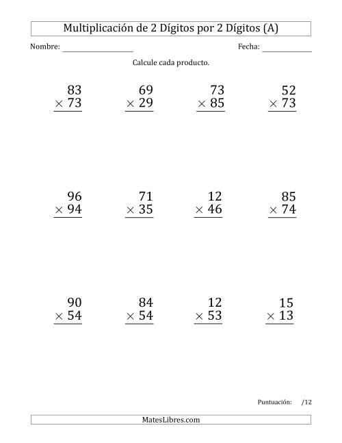 La hoja de ejercicios de Multiplicar Números de 2 Dígitos por 2 Dígitos (Formato Grande) Usando Comas como Separadores de Millares (A)