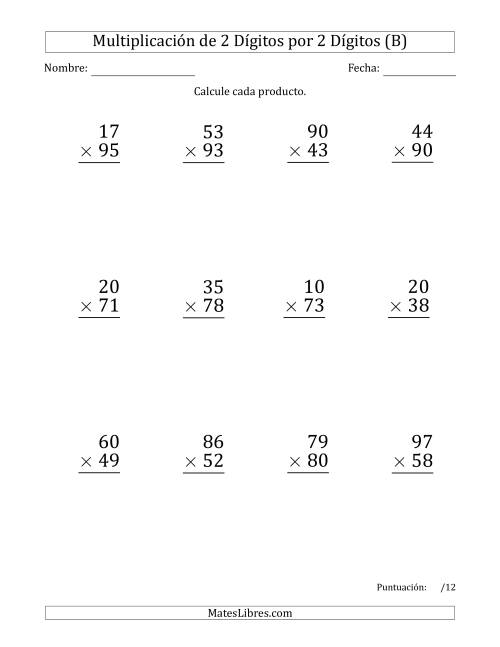 La hoja de ejercicios de Multiplicar Números de 2 Dígitos por 2 Dígitos (Formato Grande) Usando Comas como Separadores de Millares (B)