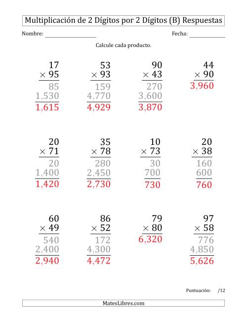 La hoja de ejercicios de Multiplicar Números de 2 Dígitos por 2 Dígitos (Formato Grande) Usando Comas como Separadores de Millares (B) Página 2