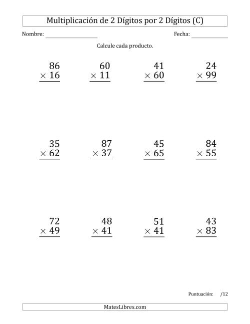 La hoja de ejercicios de Multiplicar Números de 2 Dígitos por 2 Dígitos (Formato Grande) Usando Comas como Separadores de Millares (C)
