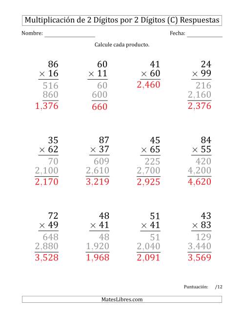 La hoja de ejercicios de Multiplicar Números de 2 Dígitos por 2 Dígitos (Formato Grande) Usando Comas como Separadores de Millares (C) Página 2