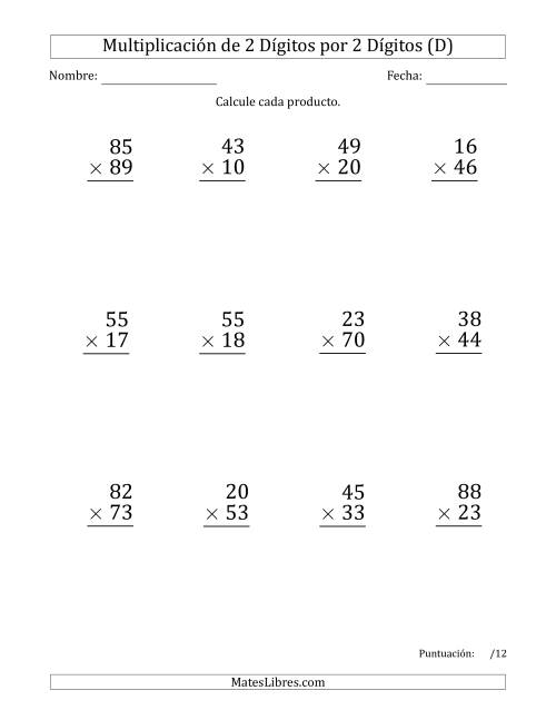 La hoja de ejercicios de Multiplicar Números de 2 Dígitos por 2 Dígitos (Formato Grande) Usando Comas como Separadores de Millares (D)