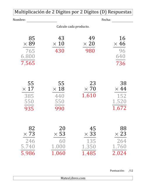La hoja de ejercicios de Multiplicar Números de 2 Dígitos por 2 Dígitos (Formato Grande) Usando Comas como Separadores de Millares (D) Página 2