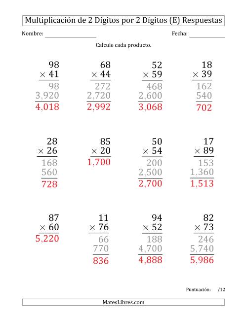 La hoja de ejercicios de Multiplicar Números de 2 Dígitos por 2 Dígitos (Formato Grande) Usando Comas como Separadores de Millares (E) Página 2
