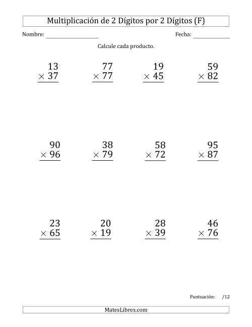 La hoja de ejercicios de Multiplicar Números de 2 Dígitos por 2 Dígitos (Formato Grande) Usando Comas como Separadores de Millares (F)