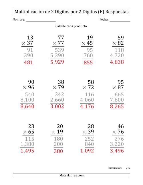 La hoja de ejercicios de Multiplicar Números de 2 Dígitos por 2 Dígitos (Formato Grande) Usando Comas como Separadores de Millares (F) Página 2