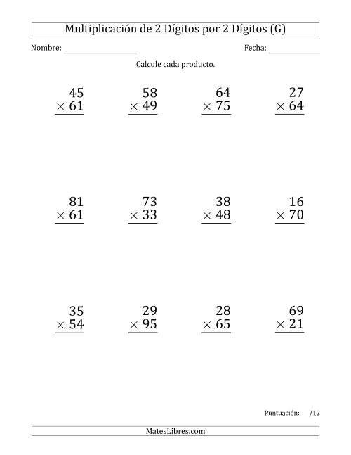 La hoja de ejercicios de Multiplicar Números de 2 Dígitos por 2 Dígitos (Formato Grande) Usando Comas como Separadores de Millares (G)
