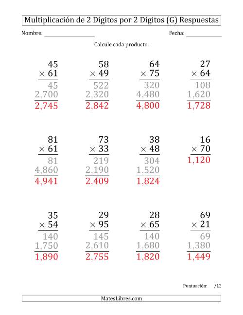 La hoja de ejercicios de Multiplicar Números de 2 Dígitos por 2 Dígitos (Formato Grande) Usando Comas como Separadores de Millares (G) Página 2