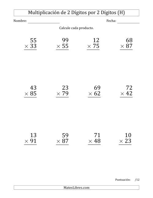La hoja de ejercicios de Multiplicar Números de 2 Dígitos por 2 Dígitos (Formato Grande) Usando Comas como Separadores de Millares (H)