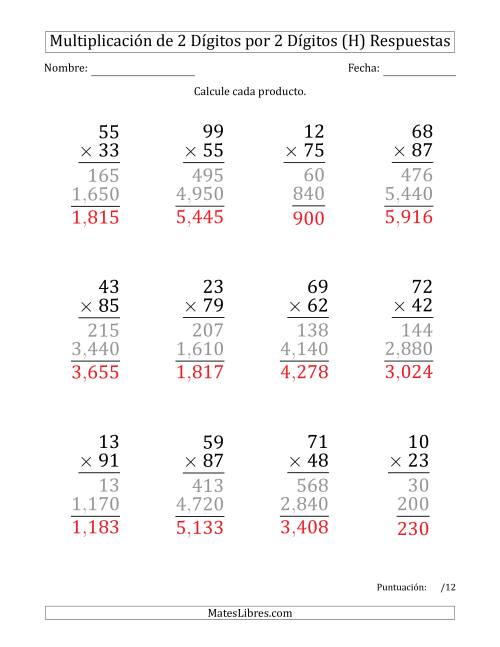 La hoja de ejercicios de Multiplicar Números de 2 Dígitos por 2 Dígitos (Formato Grande) Usando Comas como Separadores de Millares (H) Página 2