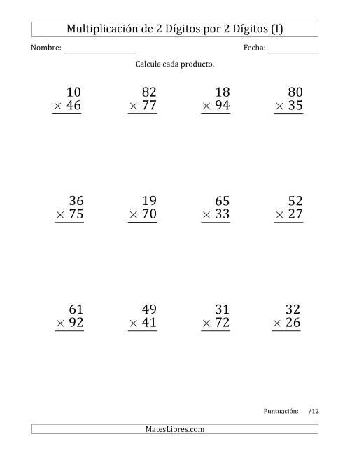 La hoja de ejercicios de Multiplicar Números de 2 Dígitos por 2 Dígitos (Formato Grande) Usando Comas como Separadores de Millares (I)