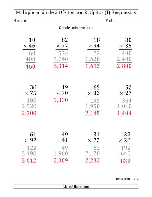 La hoja de ejercicios de Multiplicar Números de 2 Dígitos por 2 Dígitos (Formato Grande) Usando Comas como Separadores de Millares (I) Página 2