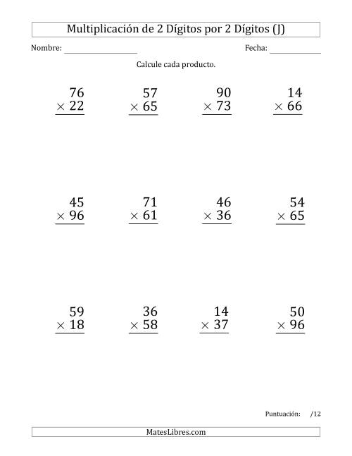 La hoja de ejercicios de Multiplicar Números de 2 Dígitos por 2 Dígitos (Formato Grande) Usando Comas como Separadores de Millares (J)
