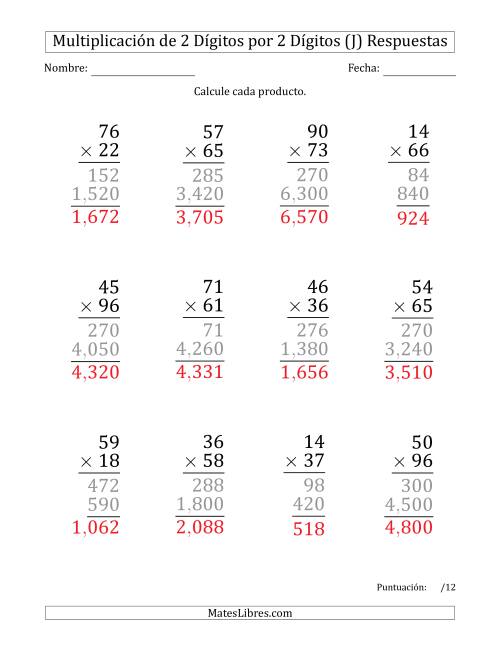 La hoja de ejercicios de Multiplicar Números de 2 Dígitos por 2 Dígitos (Formato Grande) Usando Comas como Separadores de Millares (J) Página 2