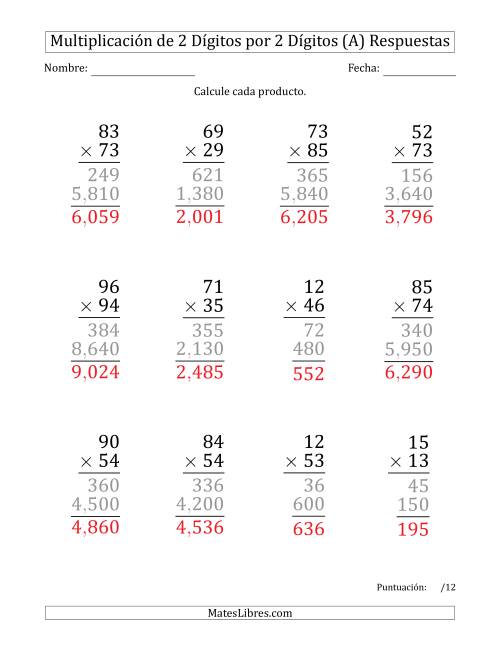 La hoja de ejercicios de Multiplicar Números de 2 Dígitos por 2 Dígitos (Formato Grande) Usando Comas como Separadores de Millares (Todas) Página 2