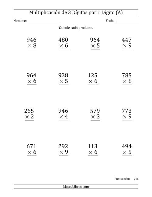 La hoja de ejercicios de Multiplicar Números de 3 Dígitos por 1 Dígito (Formato Grande) Usando Comas como Separadores de Millares (A)