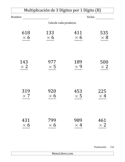La hoja de ejercicios de Multiplicar Números de 3 Dígitos por 1 Dígito (Formato Grande) Usando Comas como Separadores de Millares (B)