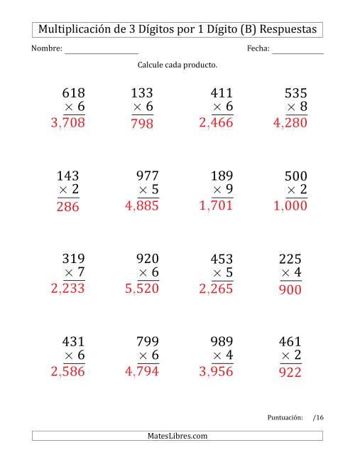 La hoja de ejercicios de Multiplicar Números de 3 Dígitos por 1 Dígito (Formato Grande) Usando Comas como Separadores de Millares (B) Página 2