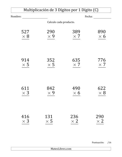 La hoja de ejercicios de Multiplicar Números de 3 Dígitos por 1 Dígito (Formato Grande) Usando Comas como Separadores de Millares (C)