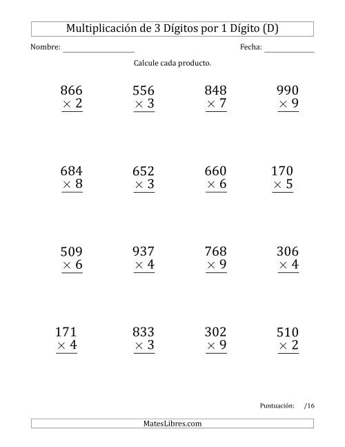 La hoja de ejercicios de Multiplicar Números de 3 Dígitos por 1 Dígito (Formato Grande) Usando Comas como Separadores de Millares (D)