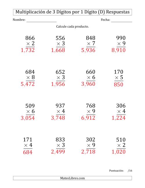 La hoja de ejercicios de Multiplicar Números de 3 Dígitos por 1 Dígito (Formato Grande) Usando Comas como Separadores de Millares (D) Página 2