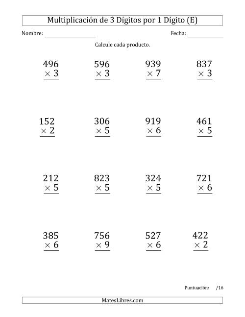 La hoja de ejercicios de Multiplicar Números de 3 Dígitos por 1 Dígito (Formato Grande) Usando Comas como Separadores de Millares (E)
