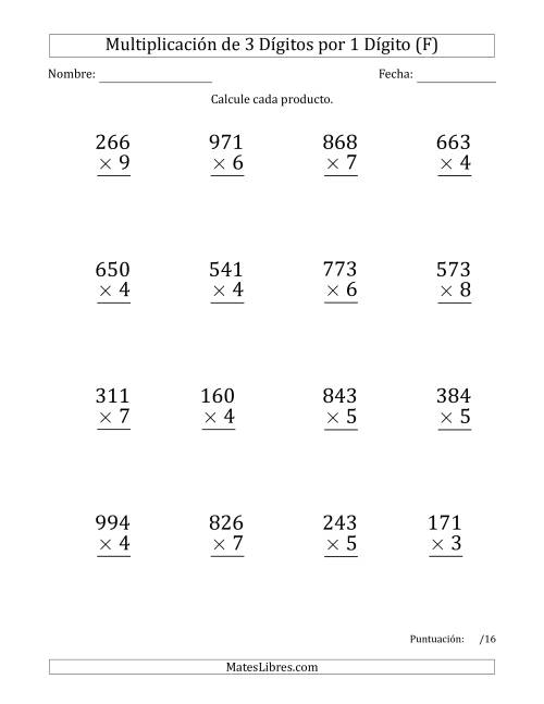 La hoja de ejercicios de Multiplicar Números de 3 Dígitos por 1 Dígito (Formato Grande) Usando Comas como Separadores de Millares (F)