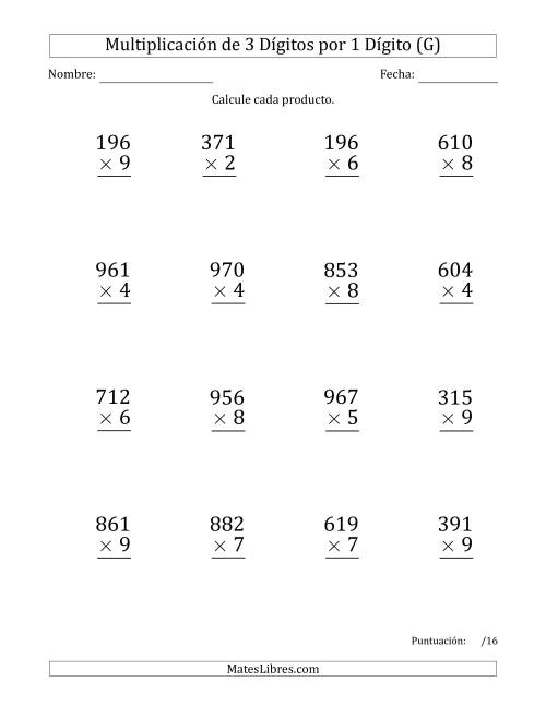 La hoja de ejercicios de Multiplicar Números de 3 Dígitos por 1 Dígito (Formato Grande) Usando Comas como Separadores de Millares (G)