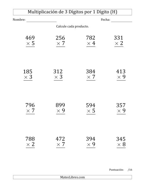 La hoja de ejercicios de Multiplicar Números de 3 Dígitos por 1 Dígito (Formato Grande) Usando Comas como Separadores de Millares (H)