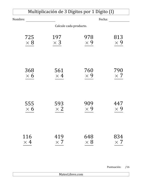 La hoja de ejercicios de Multiplicar Números de 3 Dígitos por 1 Dígito (Formato Grande) Usando Comas como Separadores de Millares (I)