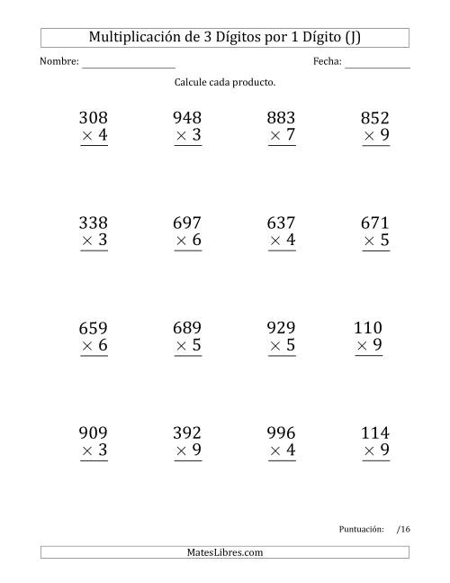 La hoja de ejercicios de Multiplicar Números de 3 Dígitos por 1 Dígito (Formato Grande) Usando Comas como Separadores de Millares (J)