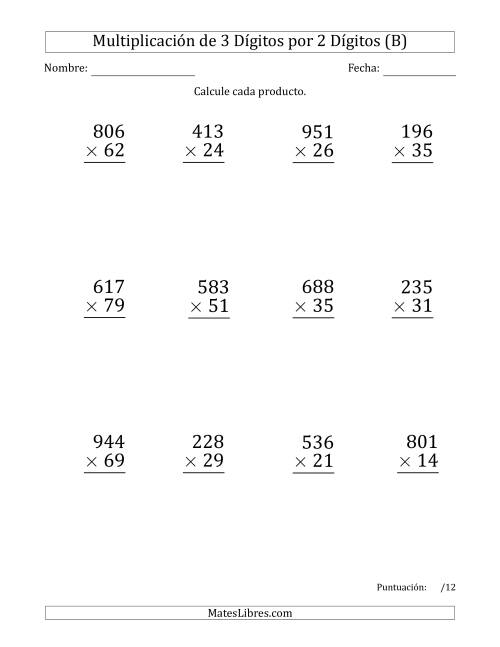 La hoja de ejercicios de Multiplicar Números de 3 Dígitos por 2 Dígitos (Formato Grande) Usando Comas como Separadores de Millares (B)