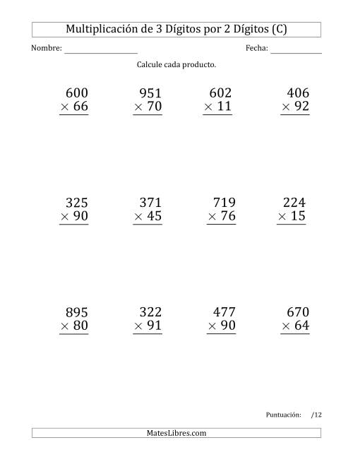 La hoja de ejercicios de Multiplicar Números de 3 Dígitos por 2 Dígitos (Formato Grande) Usando Comas como Separadores de Millares (C)