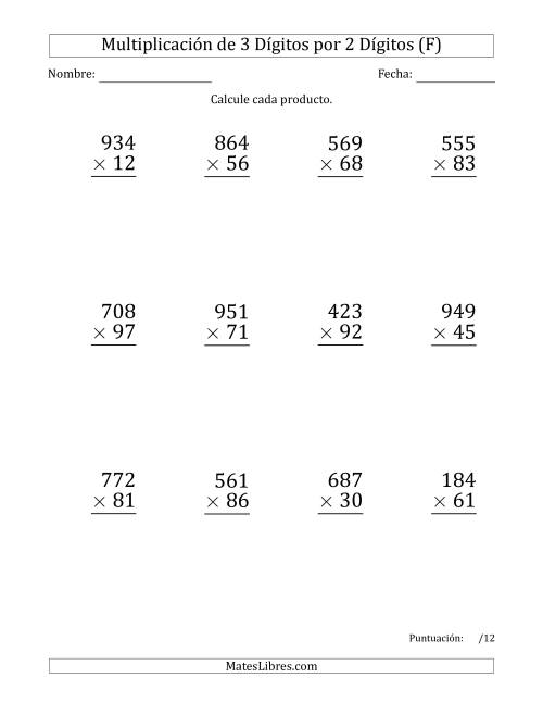 La hoja de ejercicios de Multiplicar Números de 3 Dígitos por 2 Dígitos (Formato Grande) Usando Comas como Separadores de Millares (F)
