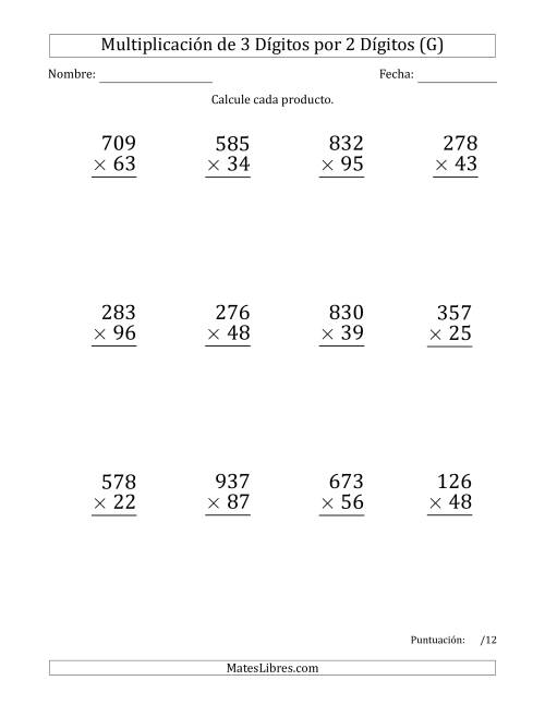 La hoja de ejercicios de Multiplicar Números de 3 Dígitos por 2 Dígitos (Formato Grande) Usando Comas como Separadores de Millares (G)