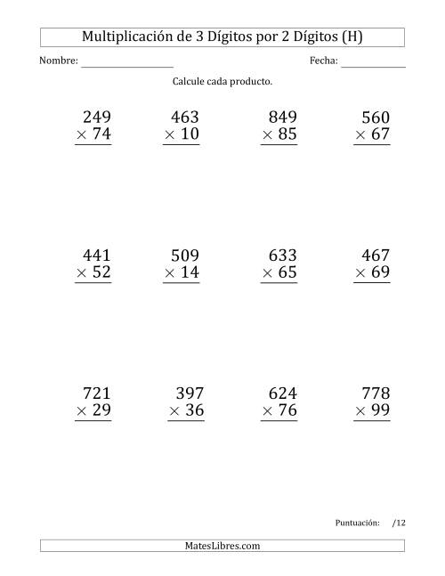 La hoja de ejercicios de Multiplicar Números de 3 Dígitos por 2 Dígitos (Formato Grande) Usando Comas como Separadores de Millares (H)