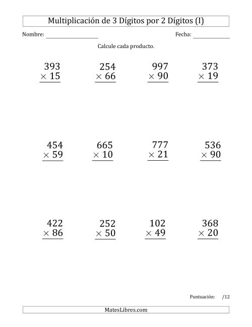 La hoja de ejercicios de Multiplicar Números de 3 Dígitos por 2 Dígitos (Formato Grande) Usando Comas como Separadores de Millares (I)