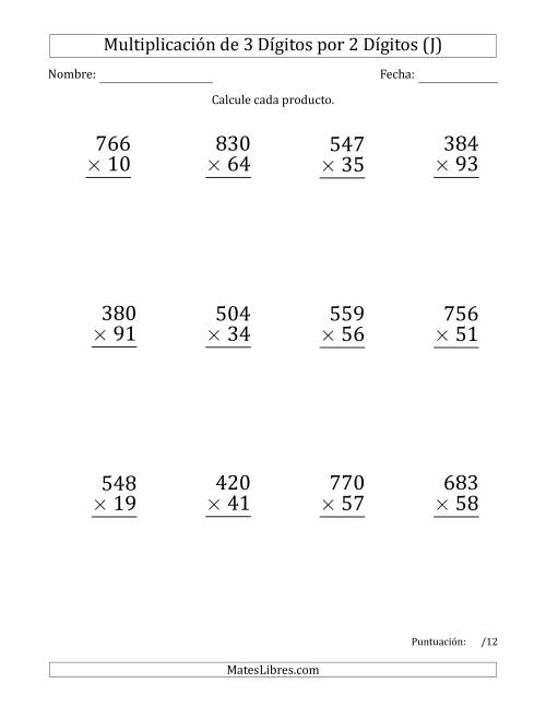 La hoja de ejercicios de Multiplicar Números de 3 Dígitos por 2 Dígitos (Formato Grande) Usando Comas como Separadores de Millares (J)
