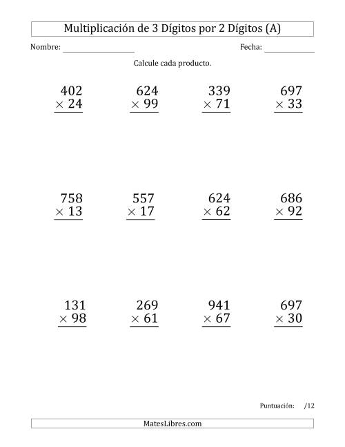 La hoja de ejercicios de Multiplicar Números de 3 Dígitos por 2 Dígitos (Formato Grande) Usando Comas como Separadores de Millares (Todas)