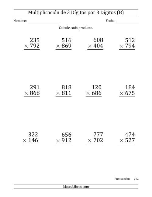 La hoja de ejercicios de Multiplicar Números de 3 Dígitos por 3 Dígitos (Formato Grande) Usando Comas como Separadores de Millares (B)