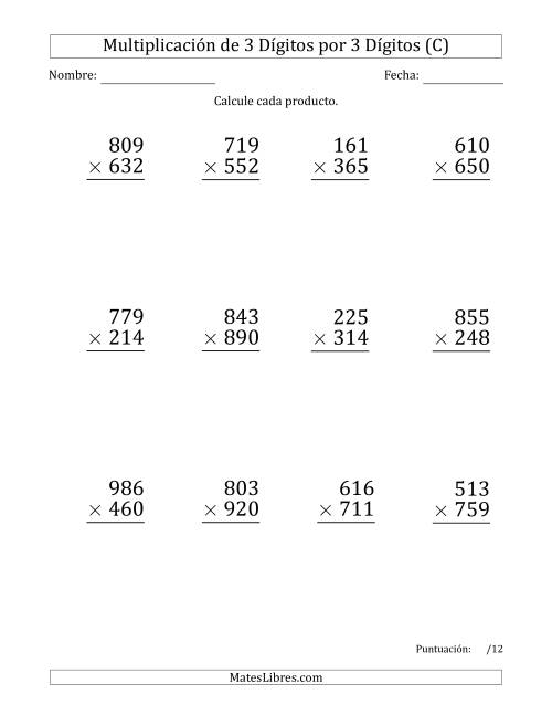 La hoja de ejercicios de Multiplicar Números de 3 Dígitos por 3 Dígitos (Formato Grande) Usando Comas como Separadores de Millares (C)