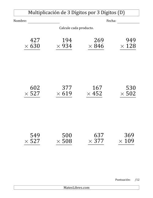 La hoja de ejercicios de Multiplicar Números de 3 Dígitos por 3 Dígitos (Formato Grande) Usando Comas como Separadores de Millares (D)