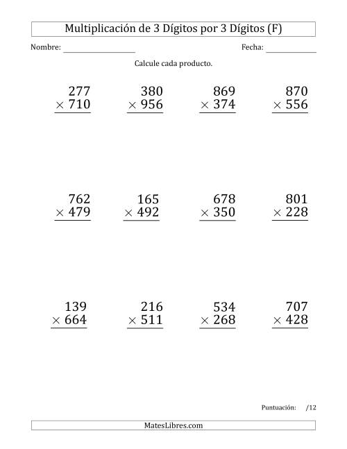 La hoja de ejercicios de Multiplicar Números de 3 Dígitos por 3 Dígitos (Formato Grande) Usando Comas como Separadores de Millares (F)