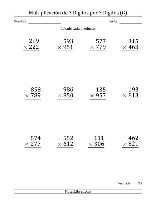 La hoja de ejercicios de Multiplicar Números de 3 Dígitos por 3 Dígitos (Formato Grande) Usando Comas como Separadores de Millares (G)
