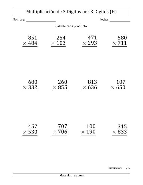 La hoja de ejercicios de Multiplicar Números de 3 Dígitos por 3 Dígitos (Formato Grande) Usando Comas como Separadores de Millares (H)