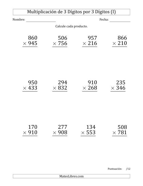 La hoja de ejercicios de Multiplicar Números de 3 Dígitos por 3 Dígitos (Formato Grande) Usando Comas como Separadores de Millares (I)