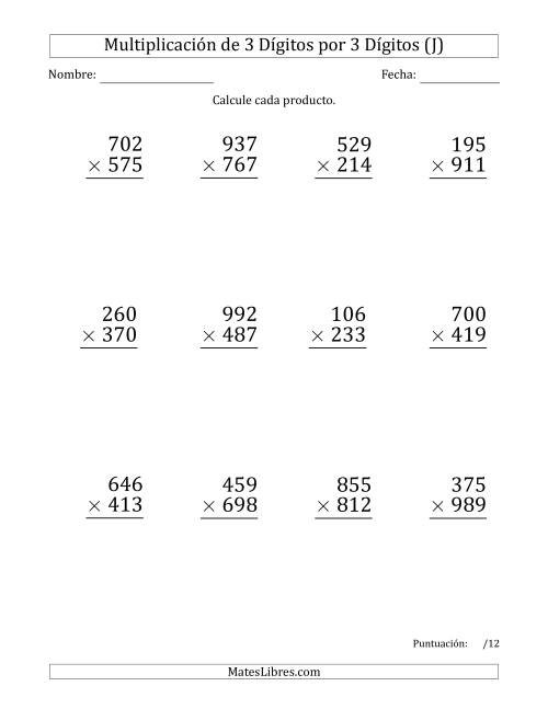 La hoja de ejercicios de Multiplicar Números de 3 Dígitos por 3 Dígitos (Formato Grande) Usando Comas como Separadores de Millares (J)
