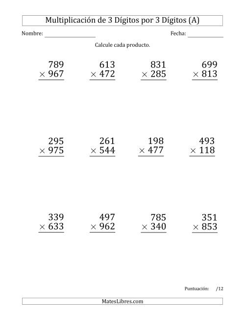 La hoja de ejercicios de Multiplicar Números de 3 Dígitos por 3 Dígitos (Formato Grande) Usando Comas como Separadores de Millares (Todas)