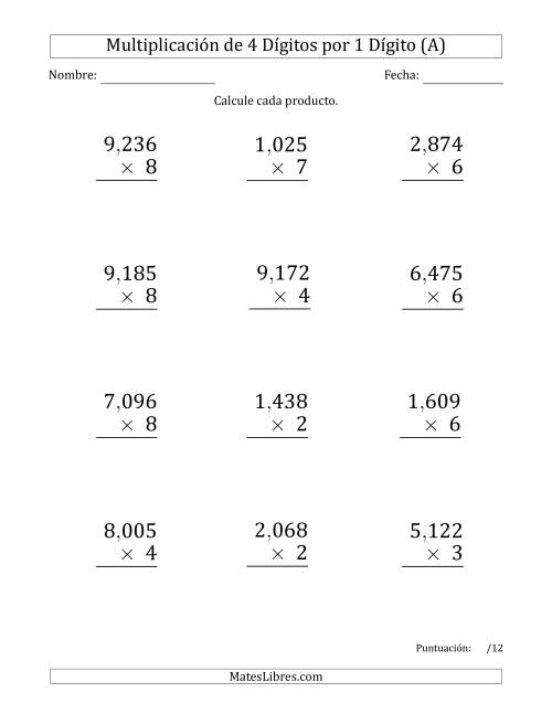 La hoja de ejercicios de Multiplicar Números de 4 Dígitos por 1 Dígito (Formato Grande) Usando Comas como Separadores de Millares (A)